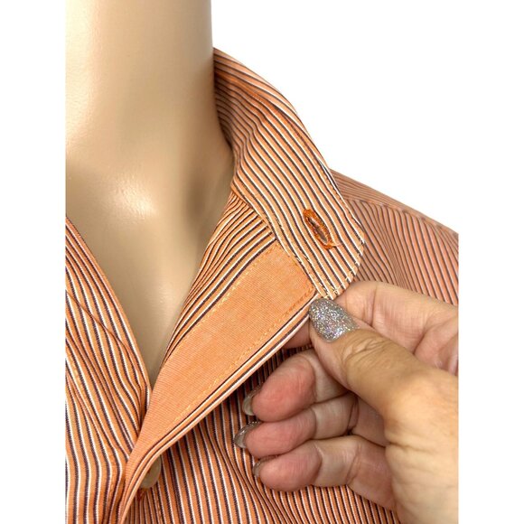 IZOD Men’s Button Up Shirt Orange White Striped L Slim Contrasting Cuff, Placket - Picture 7 of 10